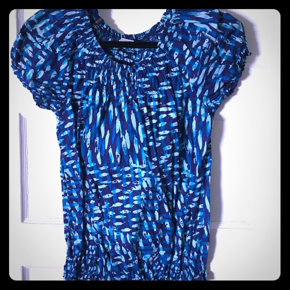 Blue Green patterned top, elasticized bottom Small